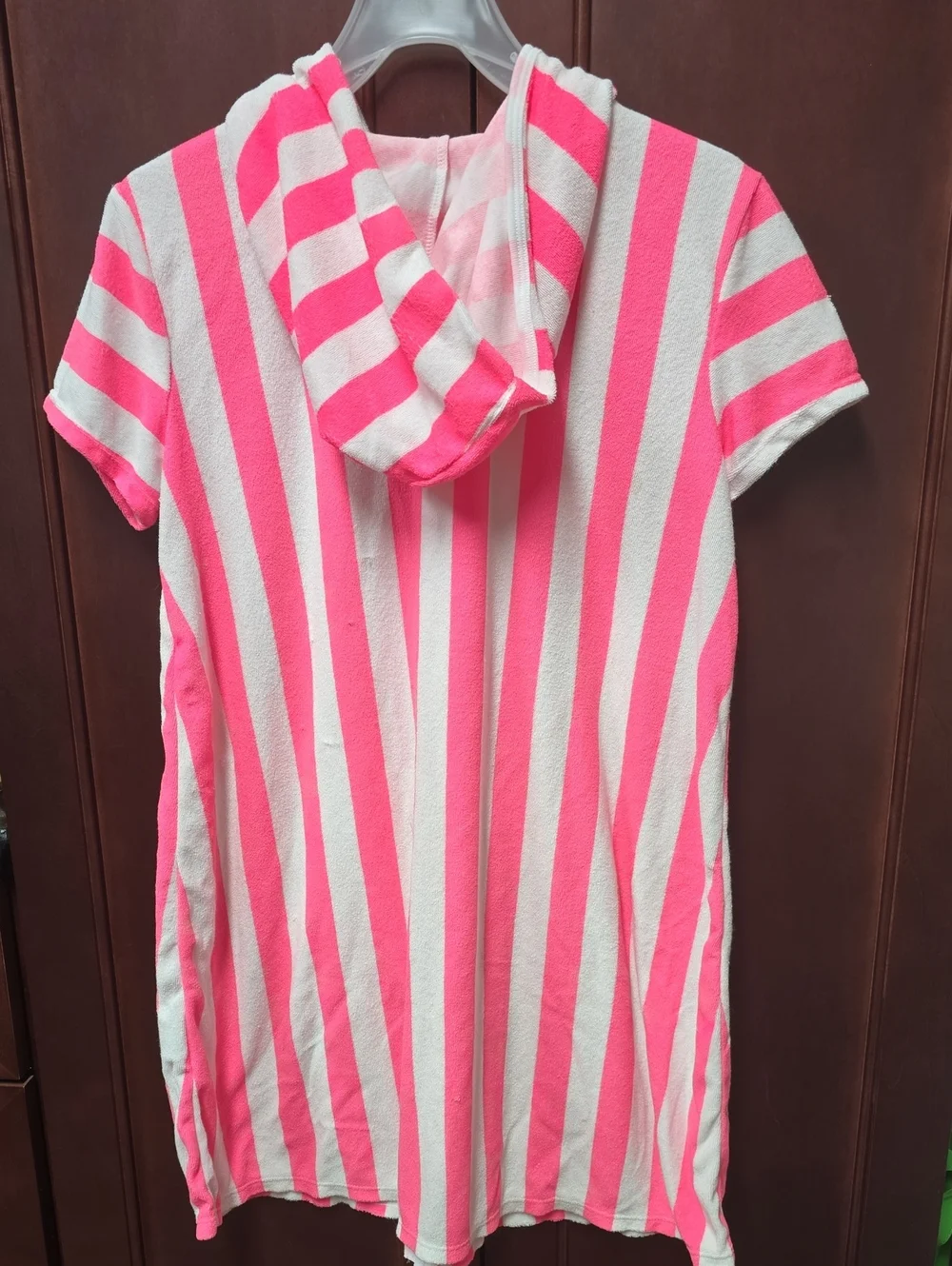 Like New. Striped Hooded Zip-Front Coverup - Pink & White Size 18